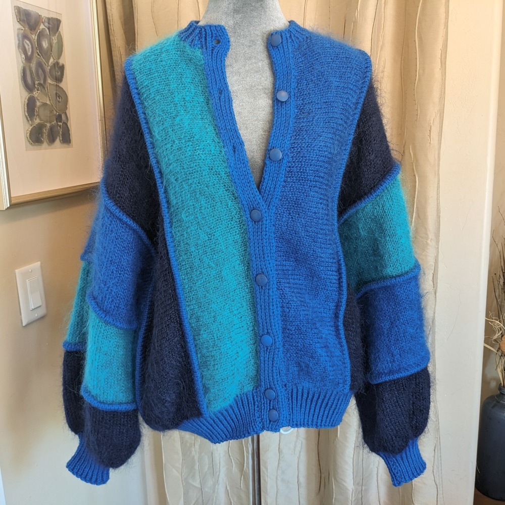 Vintage 80s Mohair Cardigan Sweater M/L Irish Colorblock Chunky Knit Oversized - Picture 2 of 14